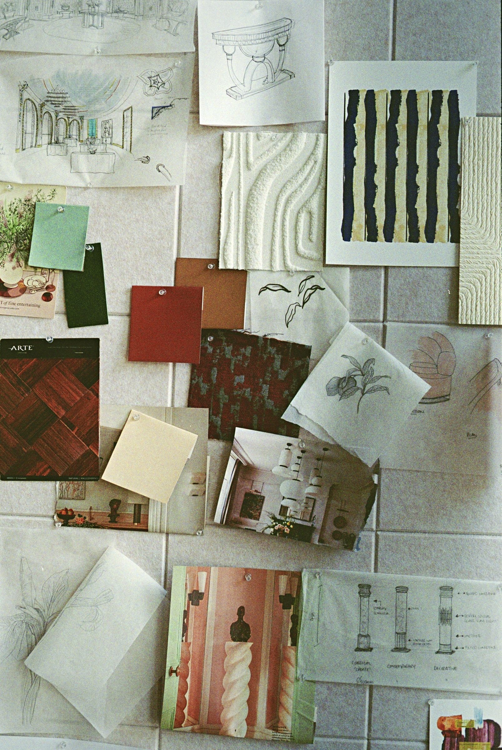 Interior design mood board with sketches, colour swatches and reference images