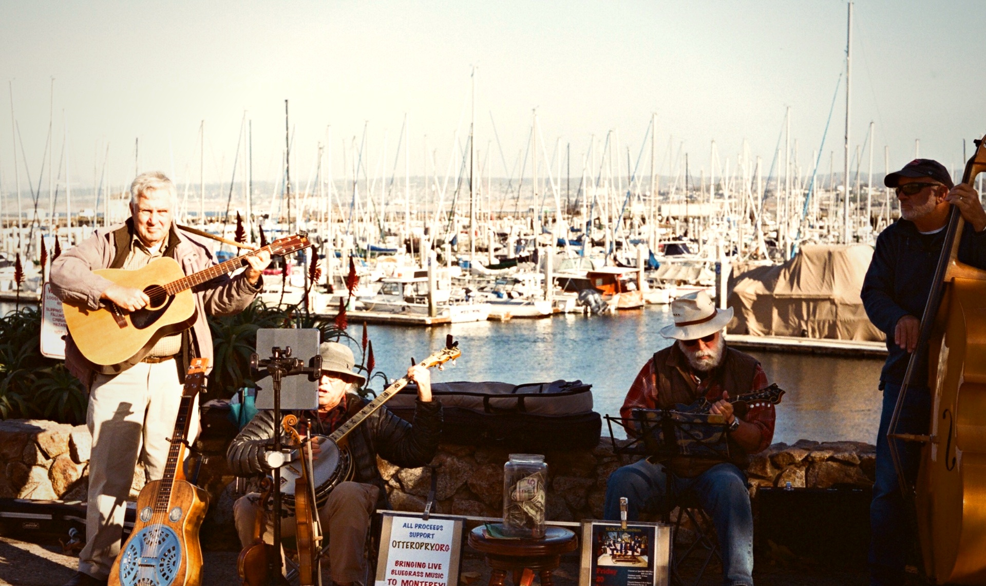 Bluegrass band playing guitar banjo bass Monterey harbour golden hour — live music film photography
