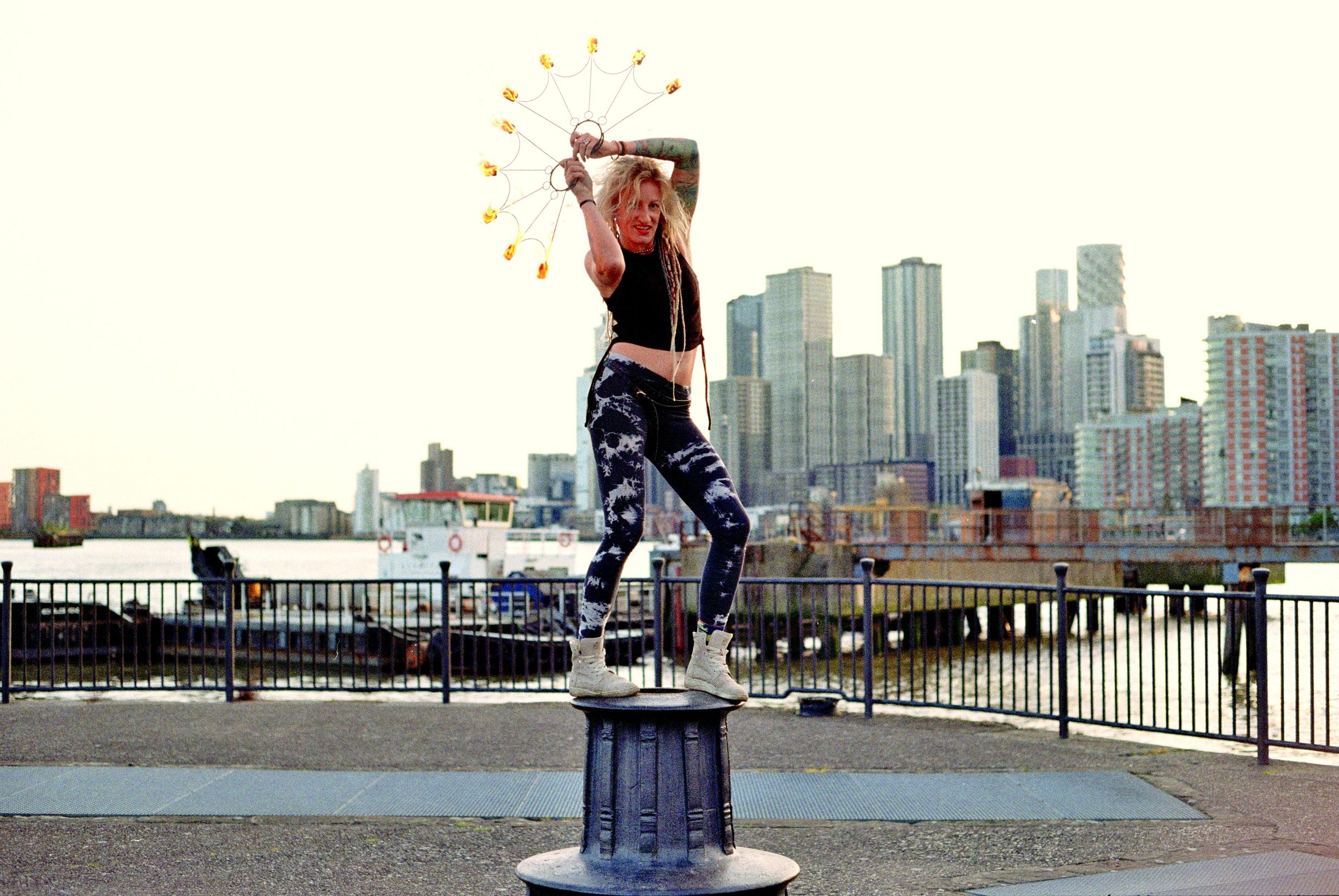 Fire artist portrait at Trinity Buoy Wharf London — creative photography
