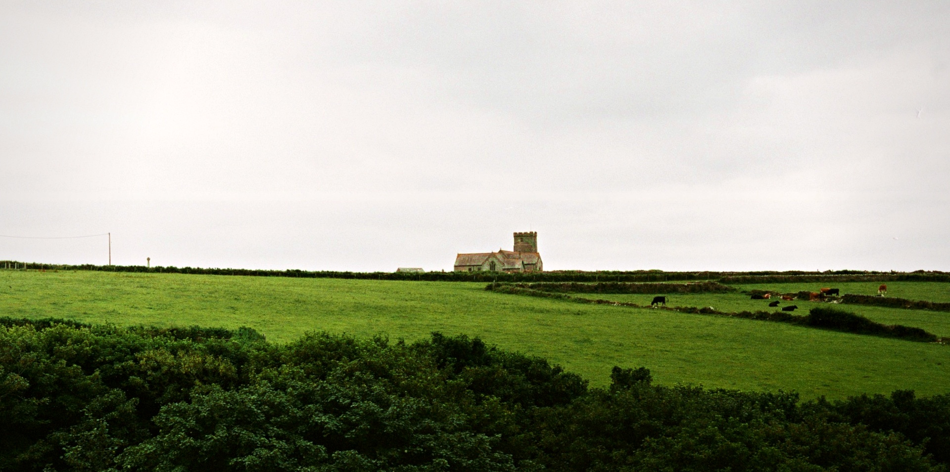 English countryside church green fields grazing cows stone walls — rural UK landscape film photography