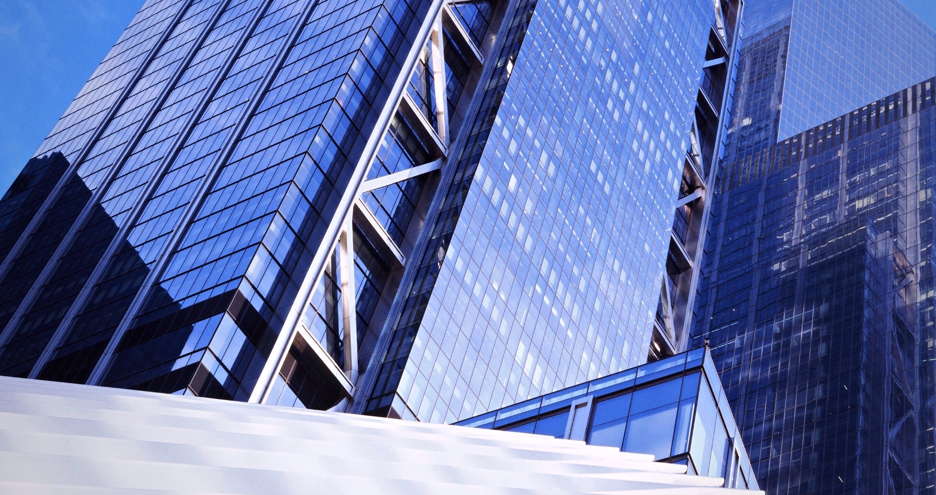 Hudson Yards glass towers white sculpture looking up New York — architectural film photography