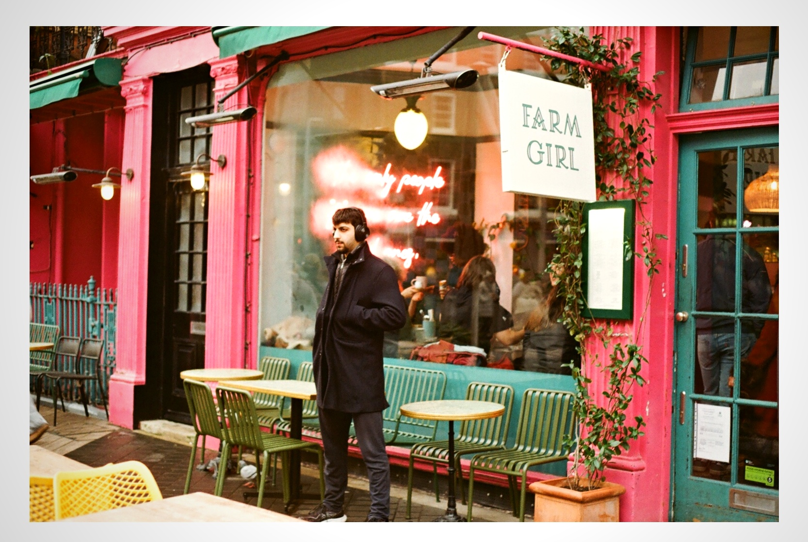 Man outside Farm Girl cafe Notting Hill London — street photography on film